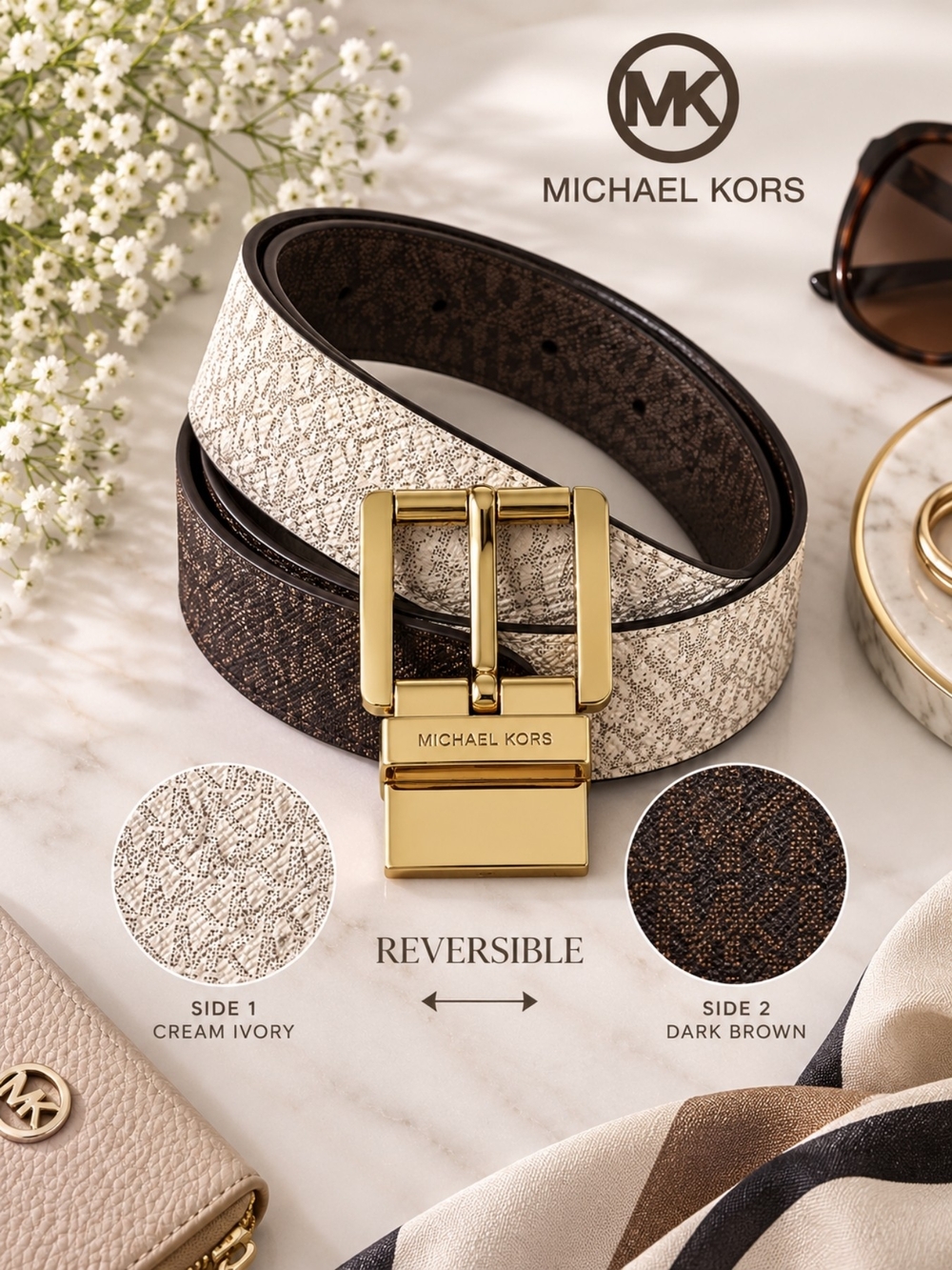 Michael Kors Reversible Ivory & Dark Brown Women's Belt with Goldtone Buckle